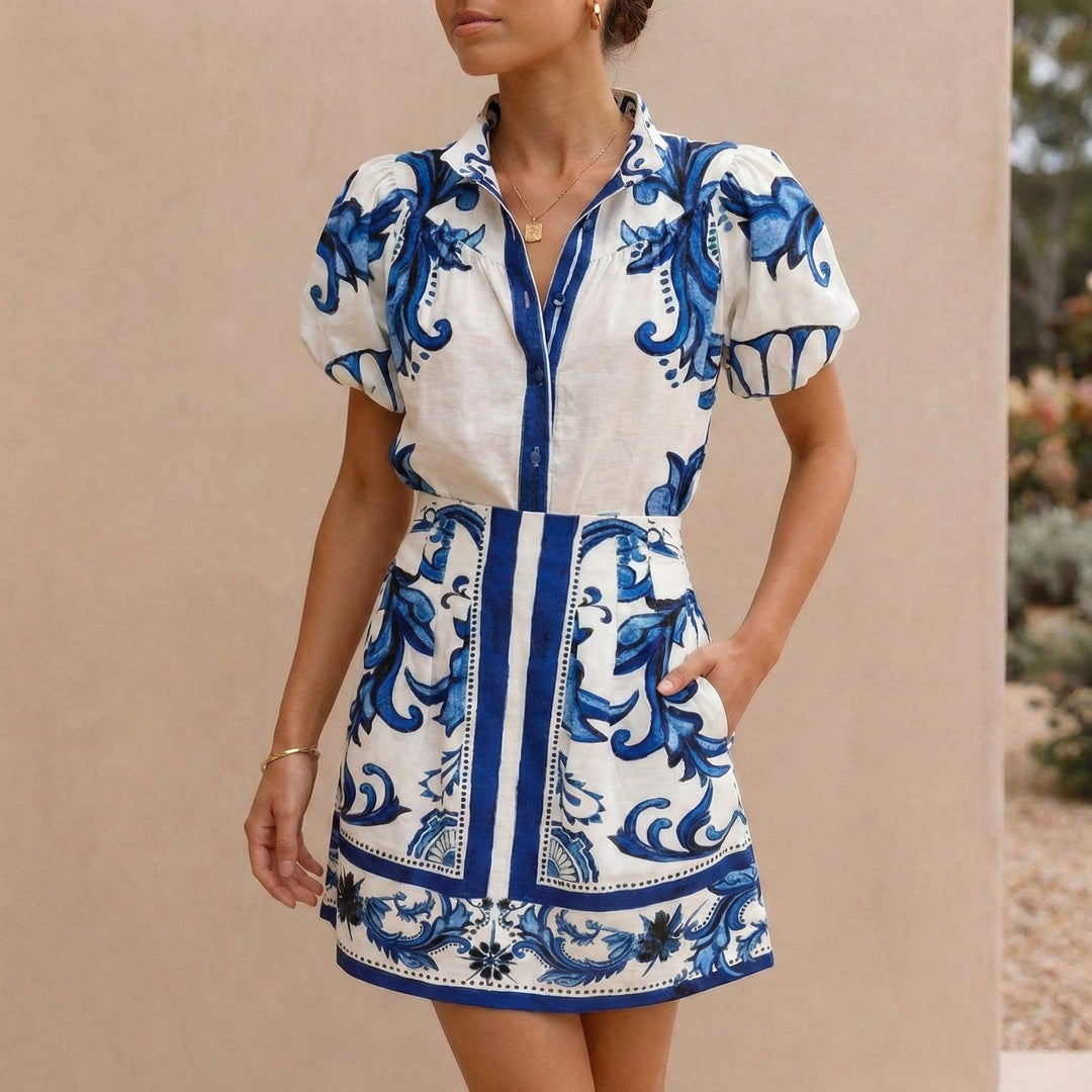 Women's Puff-Sleeve Mini Dress With Band Collar and A-Line Silhouette