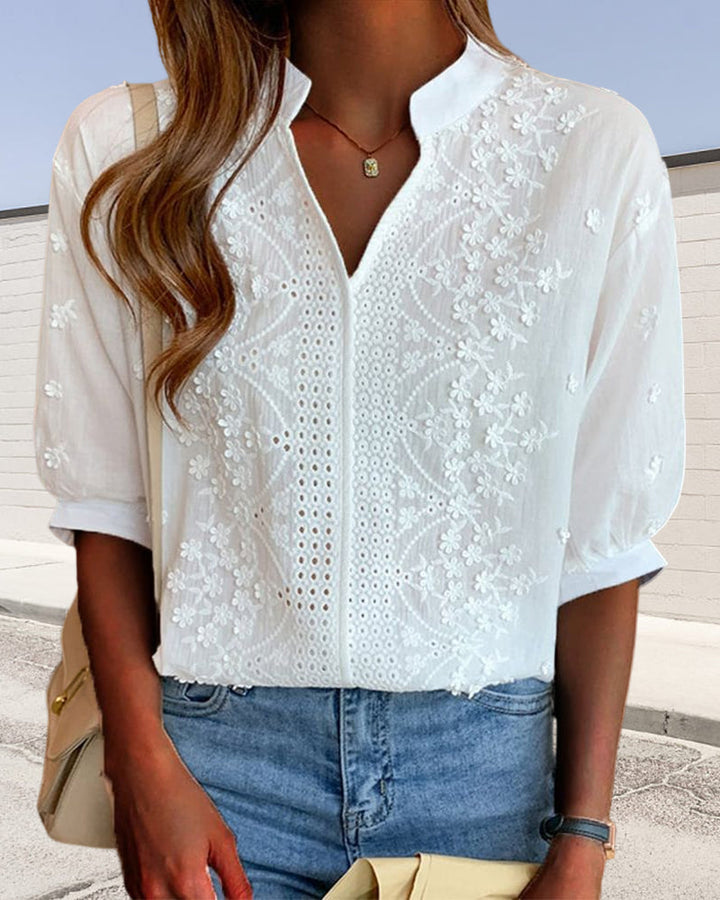 Women's Summer V-Neck Puff Sleeve Blouse