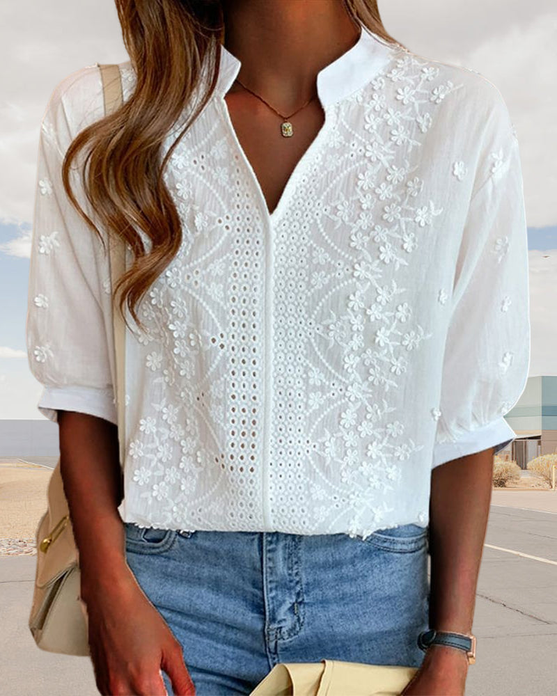 Women's Summer V-Neck Puff Sleeve Blouse