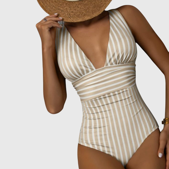 Women's Striped V-Neck One-Piece Swimsuit