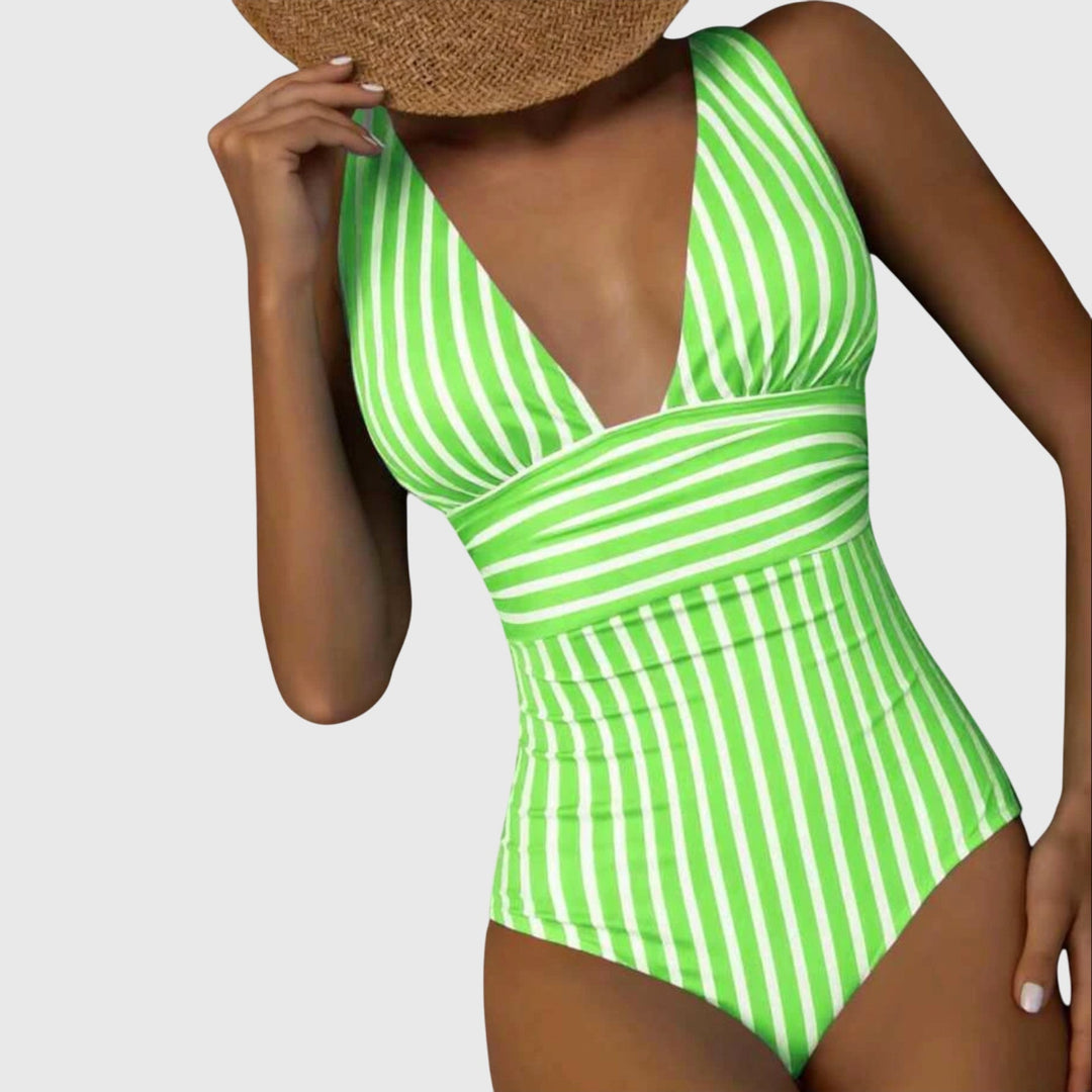 Women's Striped V-Neck One-Piece Swimsuit