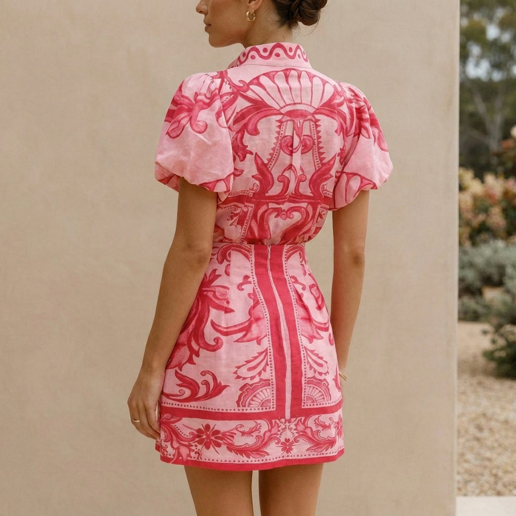 Women's Puff-Sleeve Mini Dress With Band Collar and A-Line Silhouette
