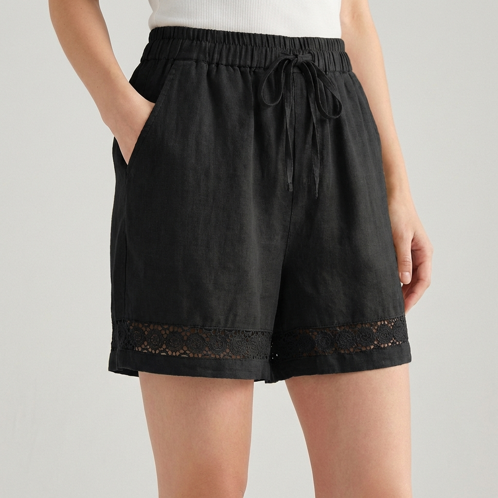 Women's Wide-Leg Mini Shorts With Delicate Lace Hem And Drawstring Waist