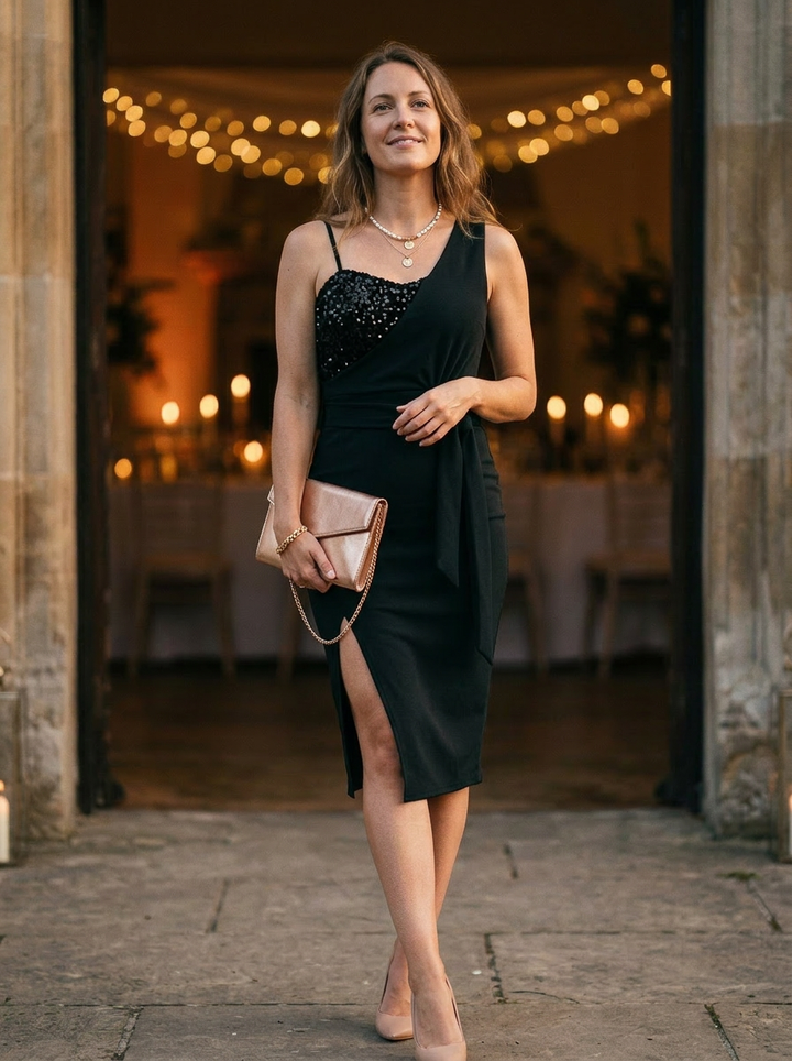 Women's Sequined Sweetheart Bodycon Dress With Draped Bodice And Side Slit