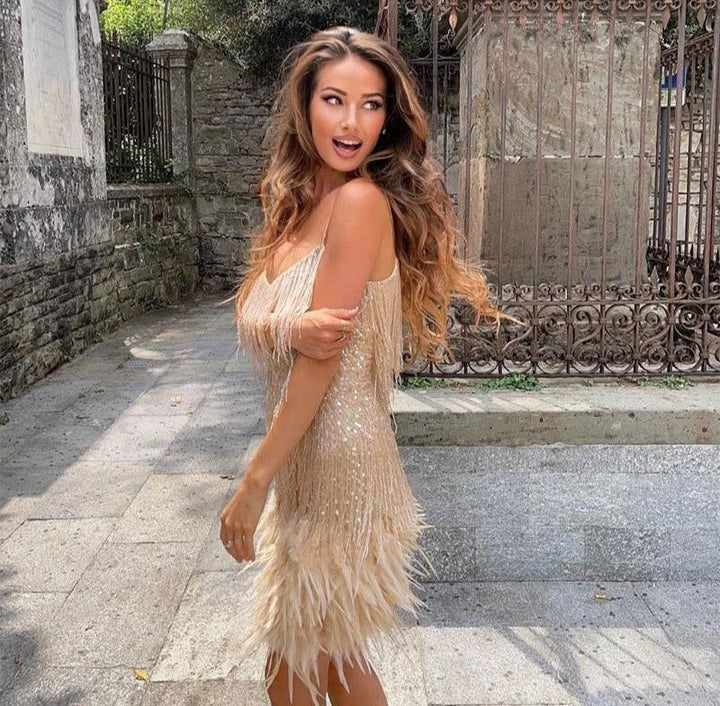 Women’s Fringe Mini Dress - Feather Hem Spaghetti Strap Cocktail Party Dress
