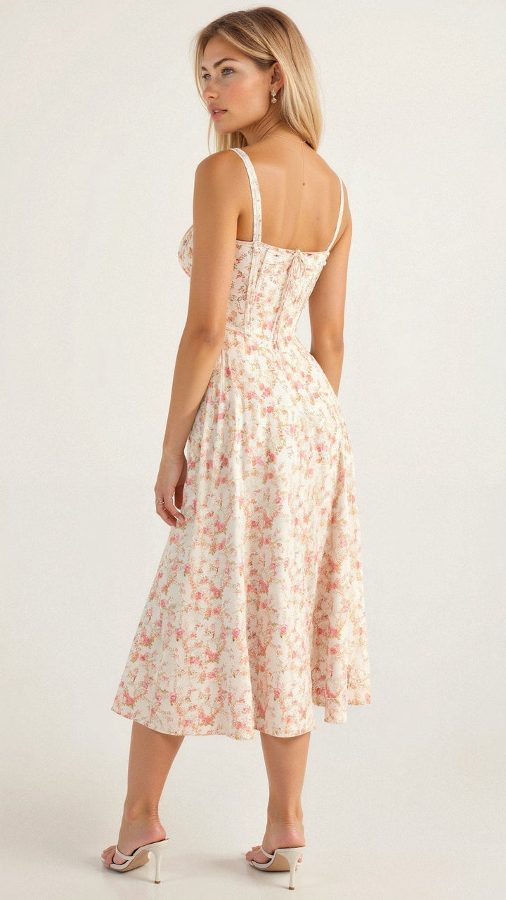 Women's Corset Midi Dress With Flowing Skirt