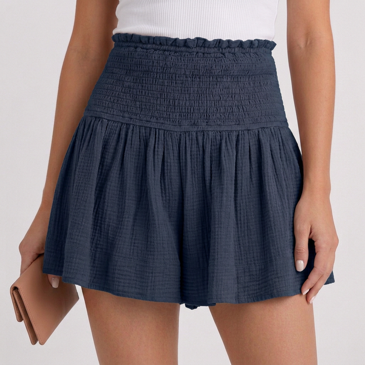 Women's Textured Smocked-Waist Shorts With Ruffle Trim and Gathered Detail
