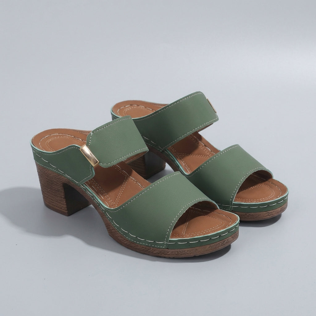 Women's Quilted Two-Strap Block-Heel Slide Sandals With Metallic Accent