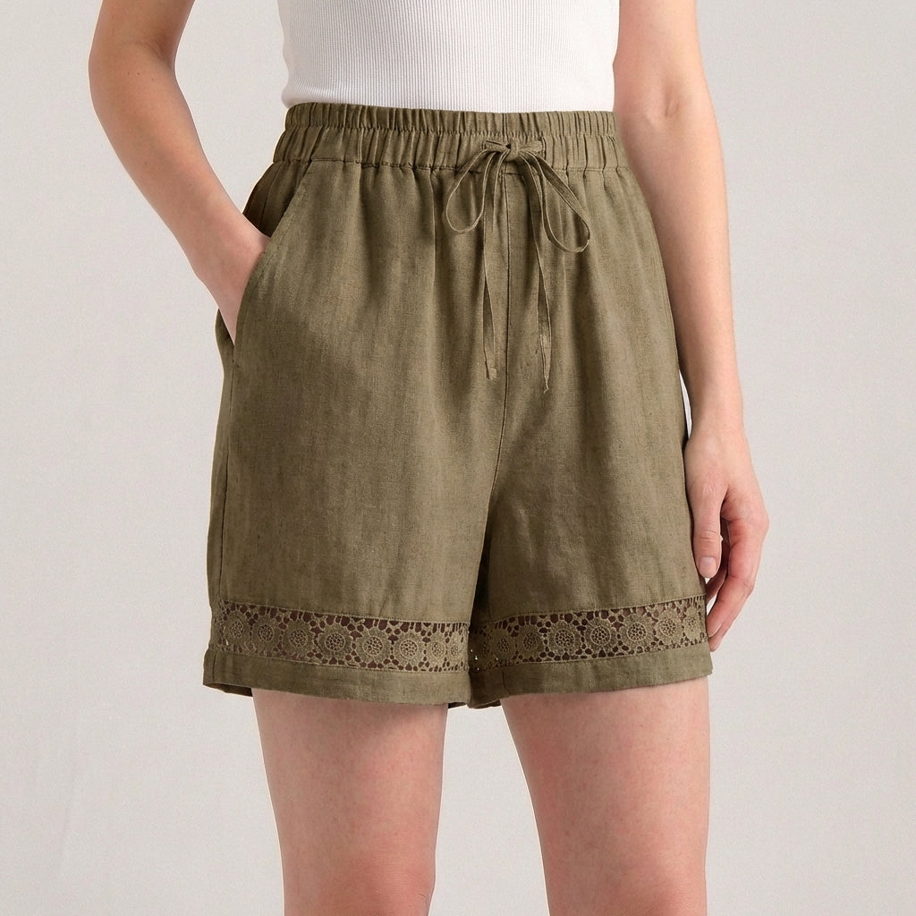 Women's Wide-Leg Mini Shorts With Delicate Lace Hem And Drawstring Waist