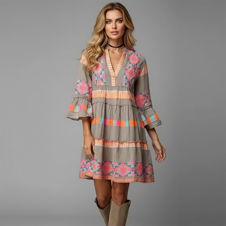 Women's Colorful Boho Bell-Sleeve Dress