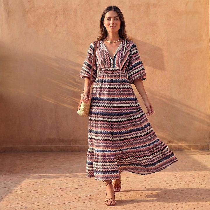 Women's V-Neck Midi Dress With Puff Sleeves and Tiered Skirt