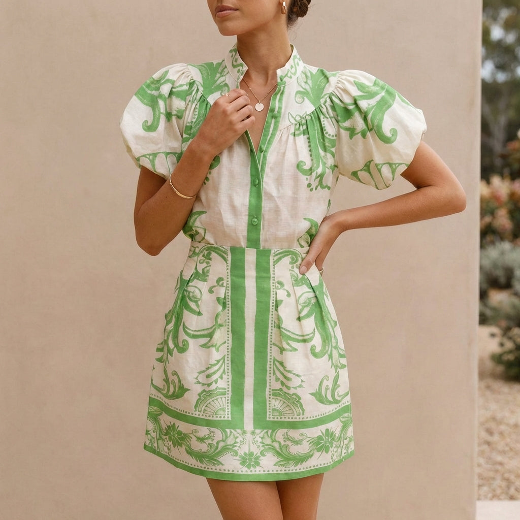 Women's Puff-Sleeve Mini Dress With Band Collar and A-Line Silhouette