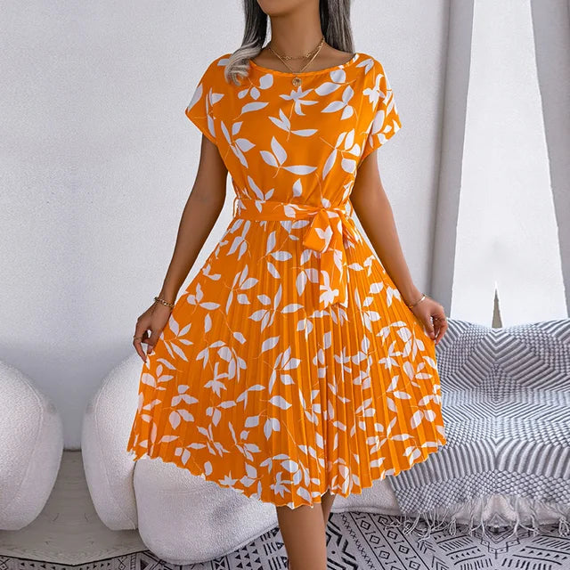 Midi Dress - Women's Floral Short Sleeve Tie-Waist Dress