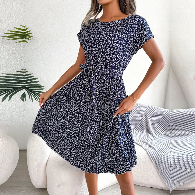 Midi Dress - Women's Floral Short Sleeve Tie-Waist Dress