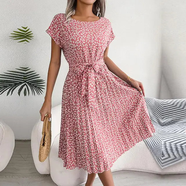 Midi Dress - Women's Floral Short Sleeve Tie-Waist Dress
