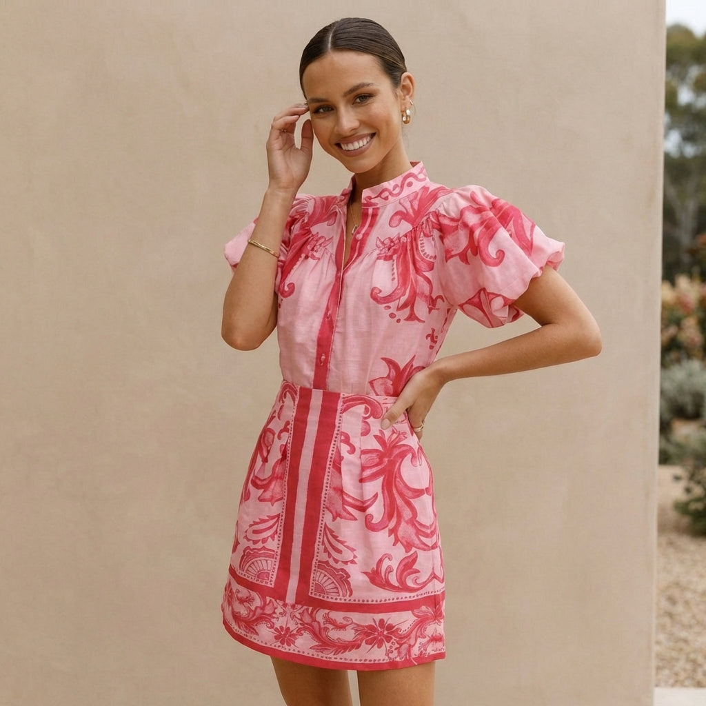 Women's Puff-Sleeve Mini Dress With Band Collar and A-Line Silhouette