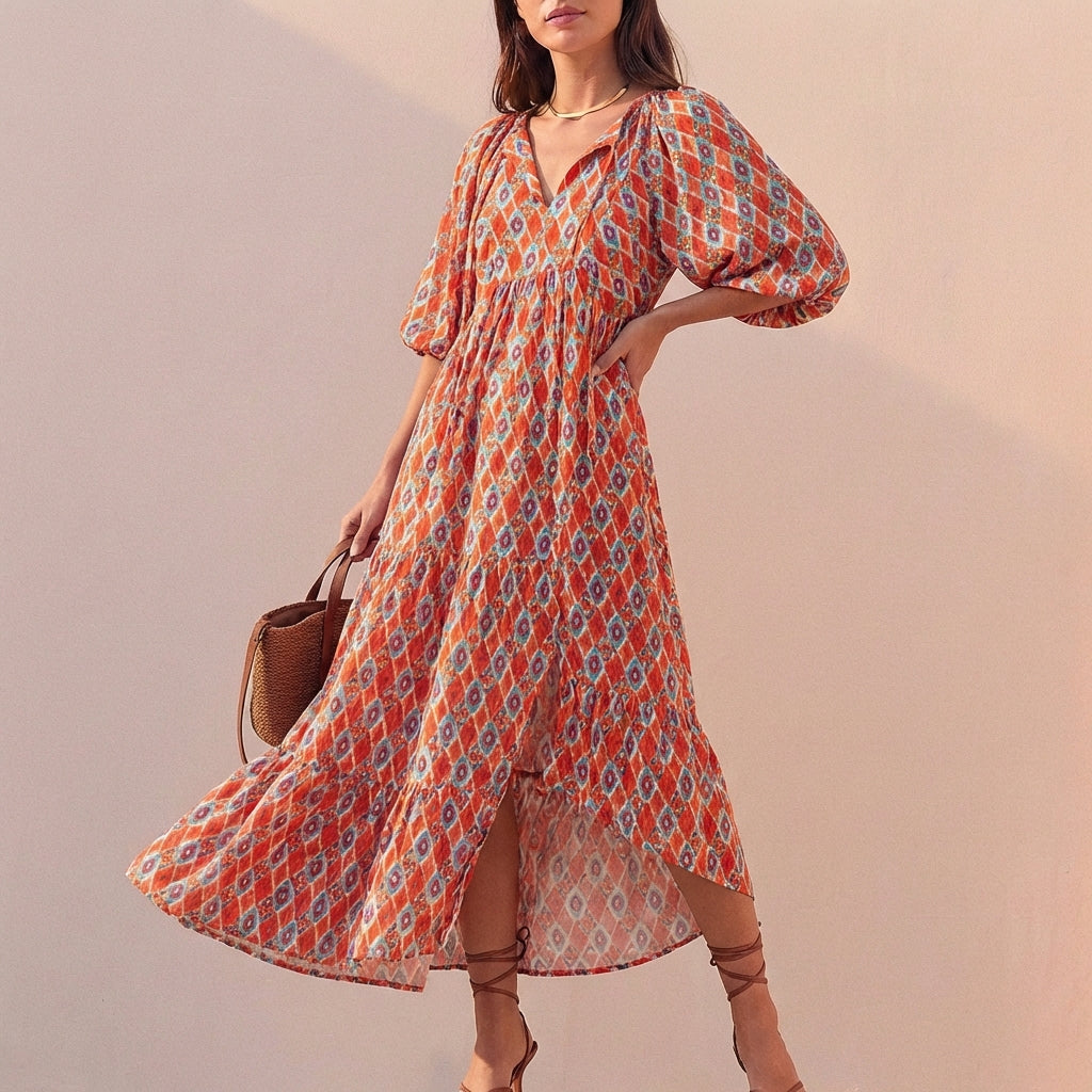 Women's V-Neck Midi Dress With Puff Sleeves and Tiered Skirt
