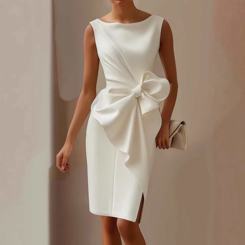 Women’s Bow Detail Sheath Dress - Boat Neck Knee-Length Cocktail Gown