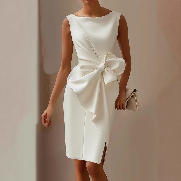 Women’s Bow Detail Sheath Dress - Boat Neck Knee-Length Cocktail Gown