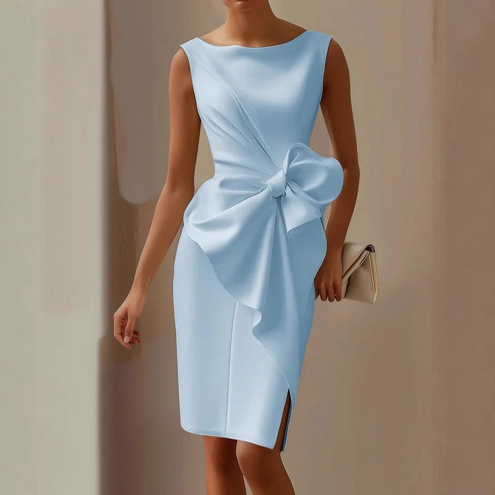 Women’s Bow Detail Sheath Dress - Boat Neck Knee-Length Cocktail Gown