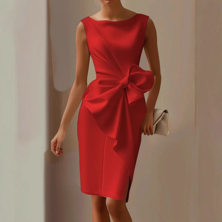 Women’s Bow Detail Sheath Dress - Boat Neck Knee-Length Cocktail Gown