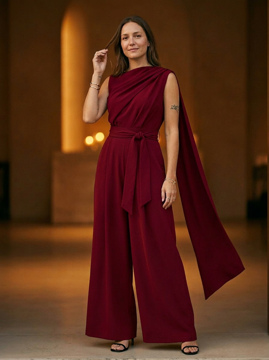 Women's Draped Cowl Neck Jumpsuit With Belted Waist and Wide Leg