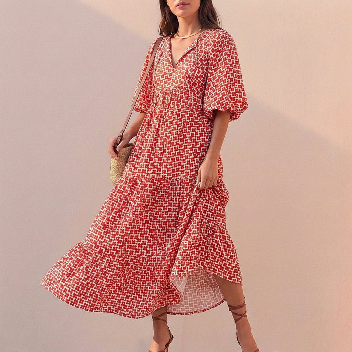 Women's V-Neck Midi Dress With Puff Sleeves and Tiered Skirt