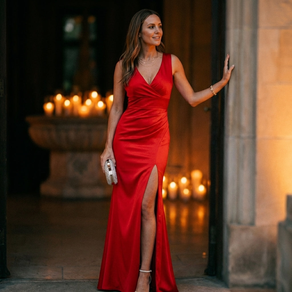 Women's Fitted V-Neck Wrap Maxi Dress With High Slit