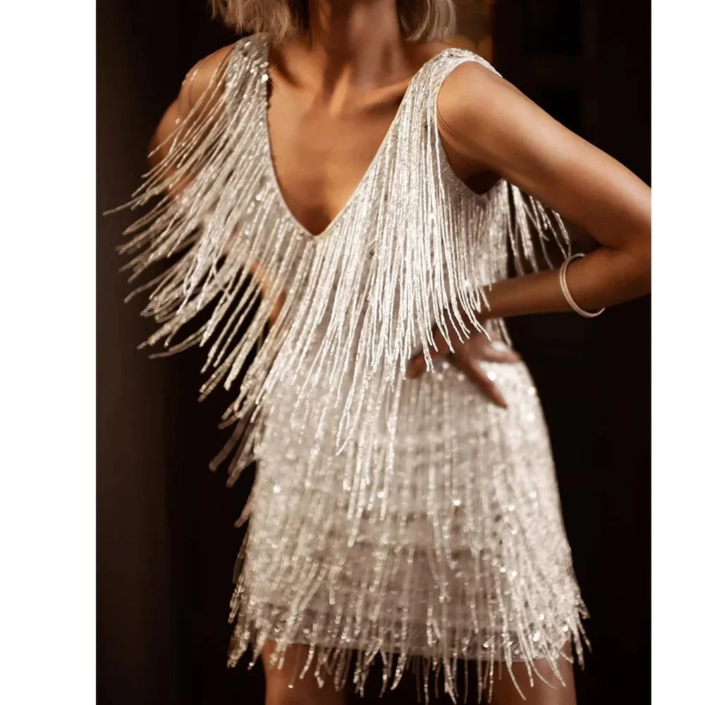 Women’s Sequin Fringe Mini Dress - V-Neck Tassel Cocktail Party Dress