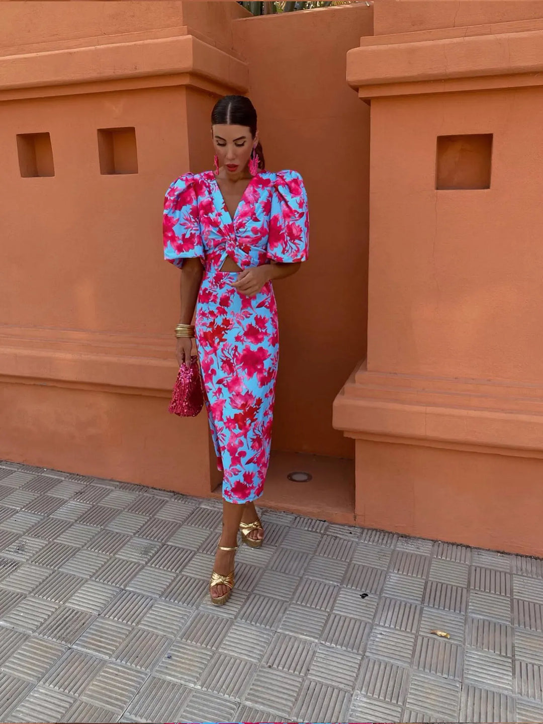 Women's Summer Printed Puff-Sleeve Midi Dress