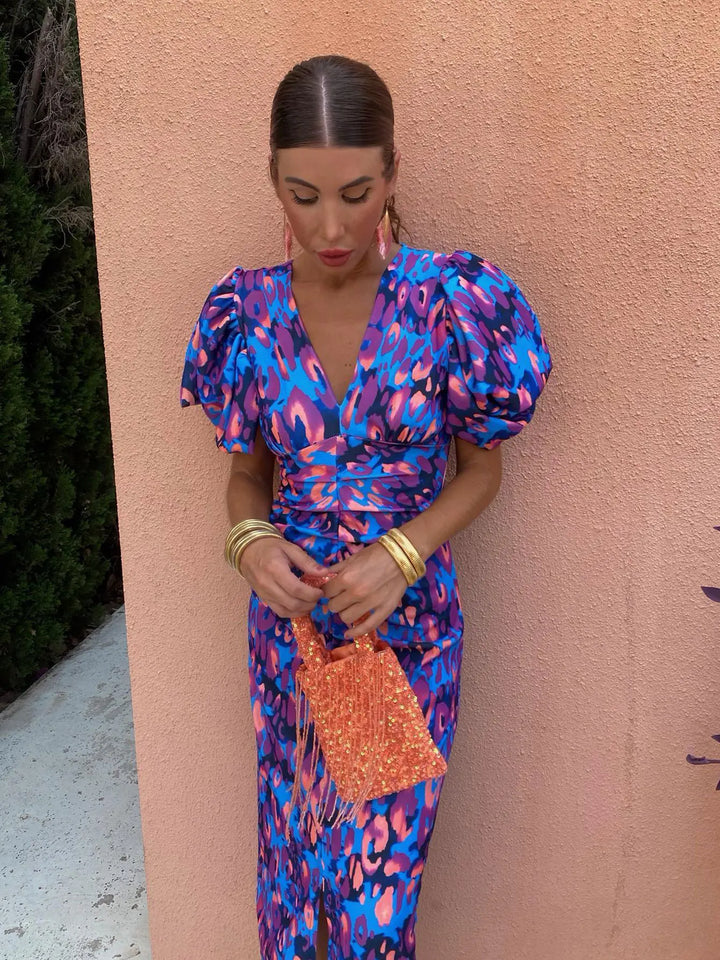 Women's Summer Printed Puff-Sleeve Midi Dress
