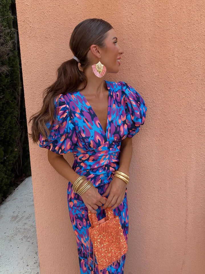 Women's Summer Printed Puff-Sleeve Midi Dress