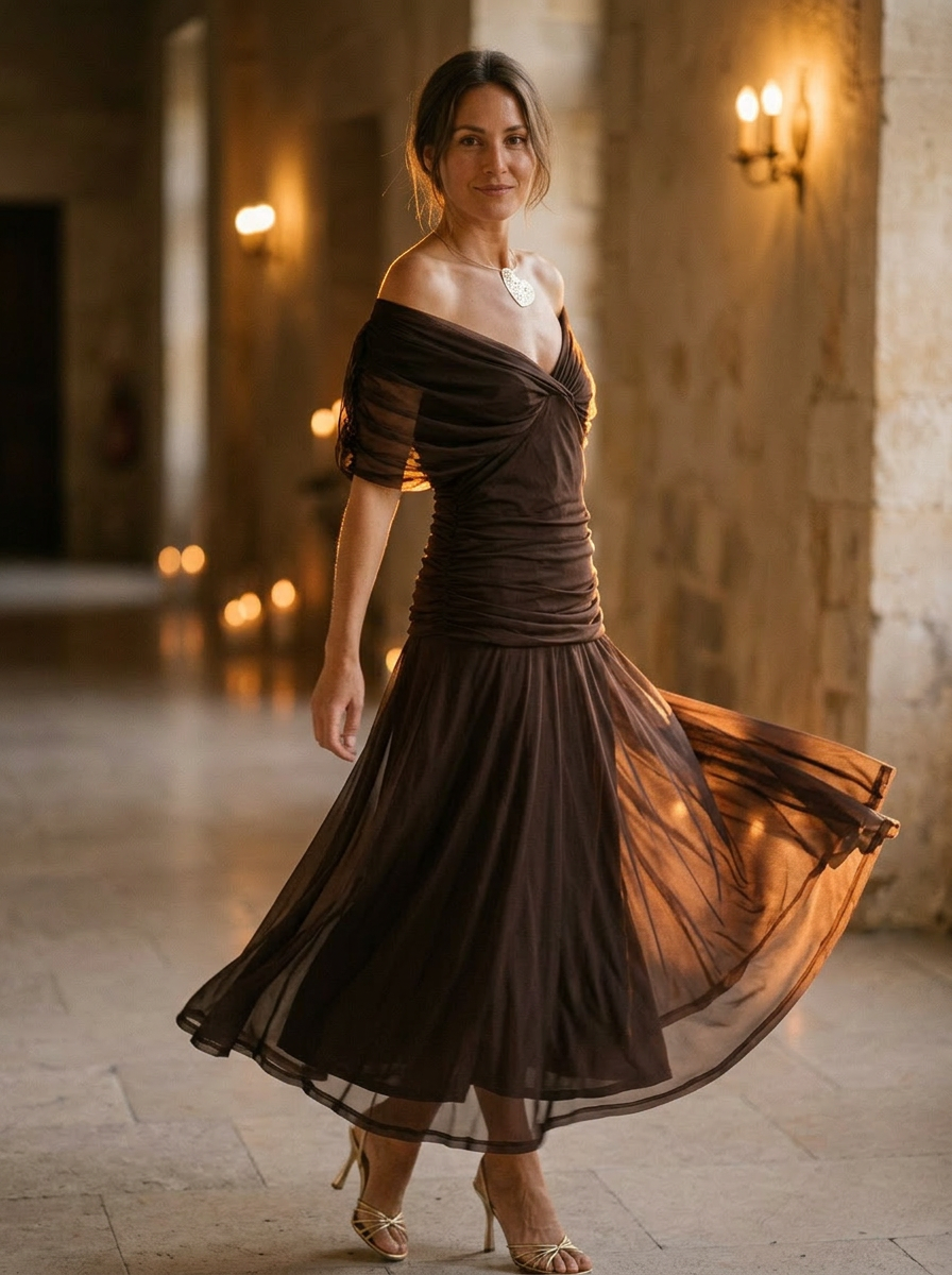 Women's Elegant Off-Shoulder Pleated Midi Dress