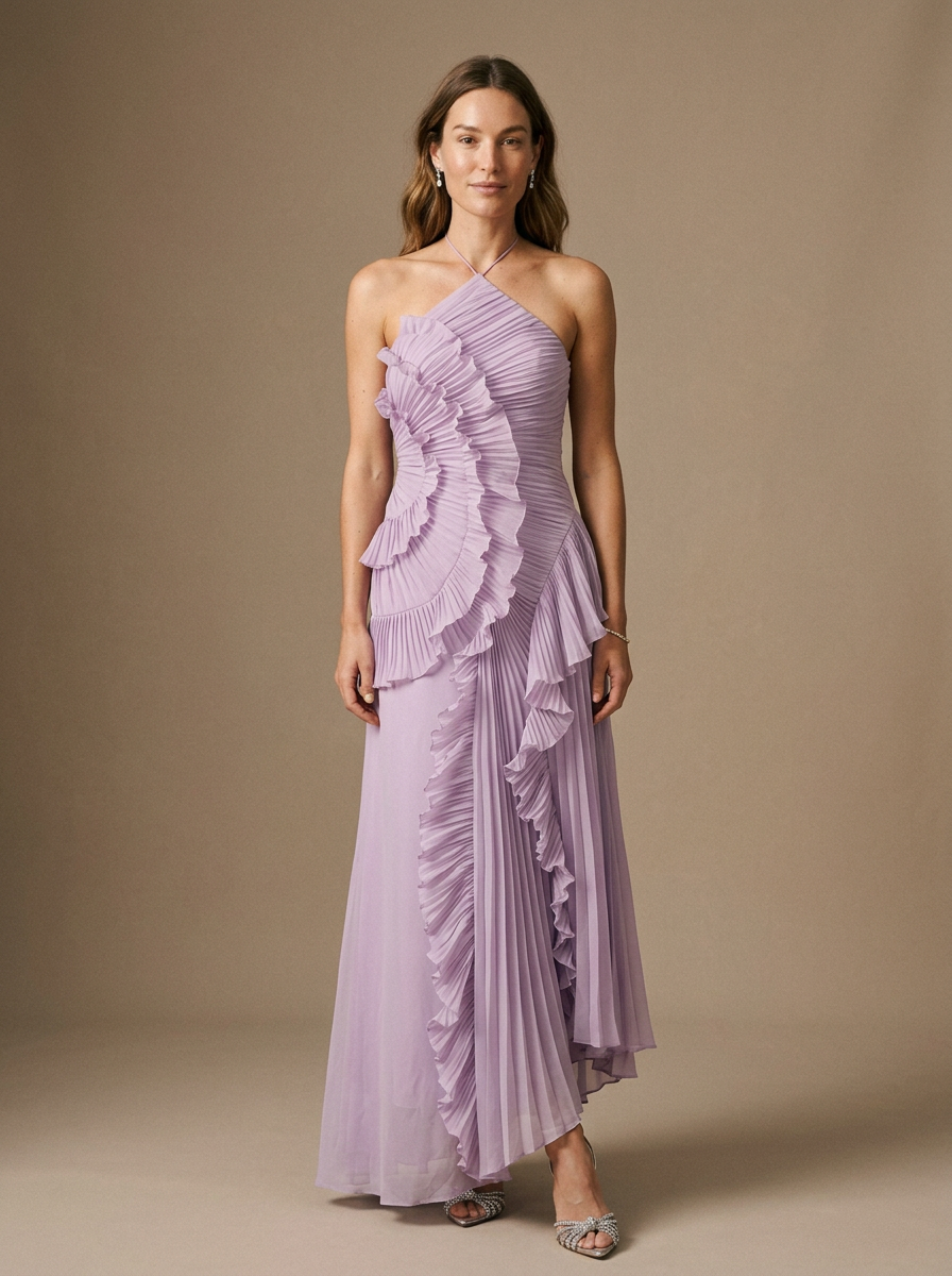 Women's Halter Maxi Dress with Ruched Bodice and Ruffled Pleated Skirt