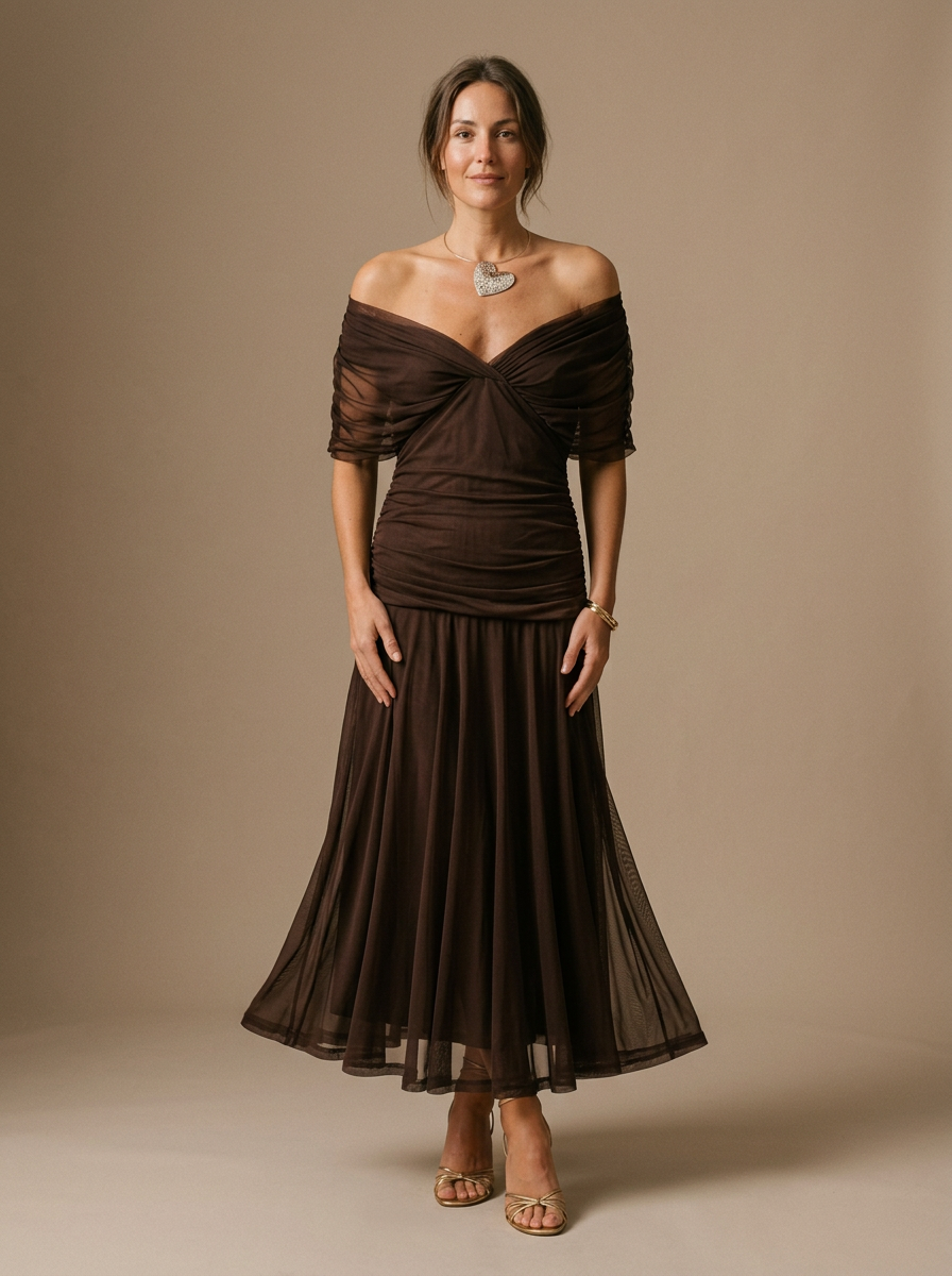 Women's Elegant Off-Shoulder Pleated Midi Dress