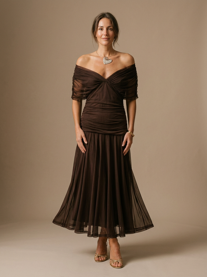 Women's Elegant Off-Shoulder Pleated Midi Dress