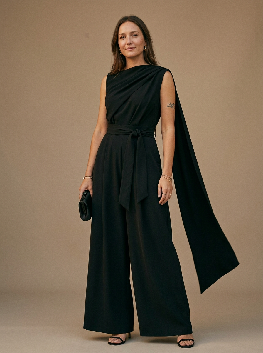 Women's Draped Cowl Neck Jumpsuit With Belted Waist and Wide Leg