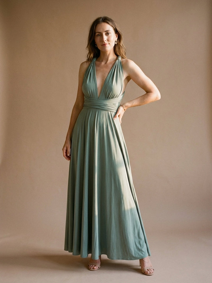 Women's Versatile Multiway Knit Maxi Dress With Wrapped Bodice And Flowing Silhouette