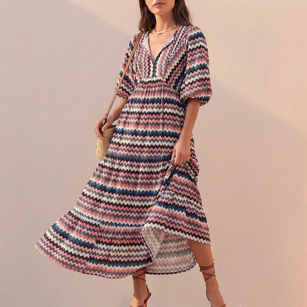 Women's V-Neck Midi Dress With Puff Sleeves and Tiered Skirt