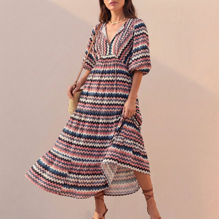 Women's V-Neck Midi Dress With Puff Sleeves and Tiered Skirt