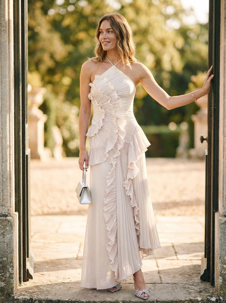 Women's Halter Maxi Dress with Ruched Bodice and Ruffled Pleated Skirt