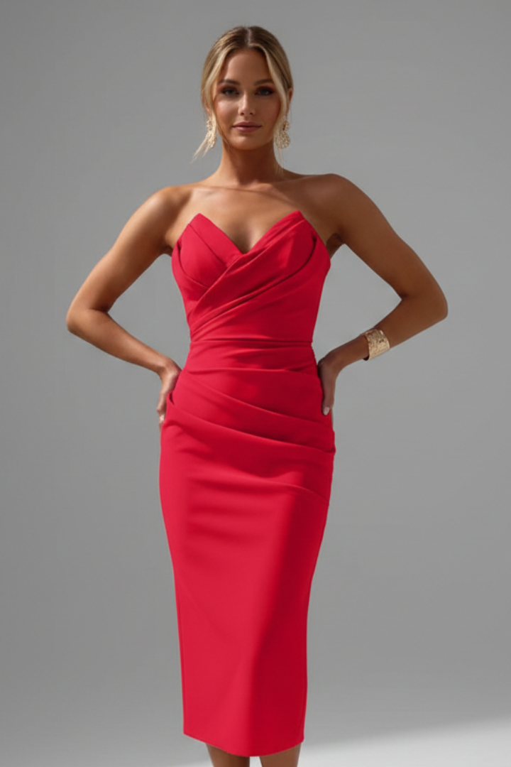 Women's Strapless Midi Dress With Ruched Skirt