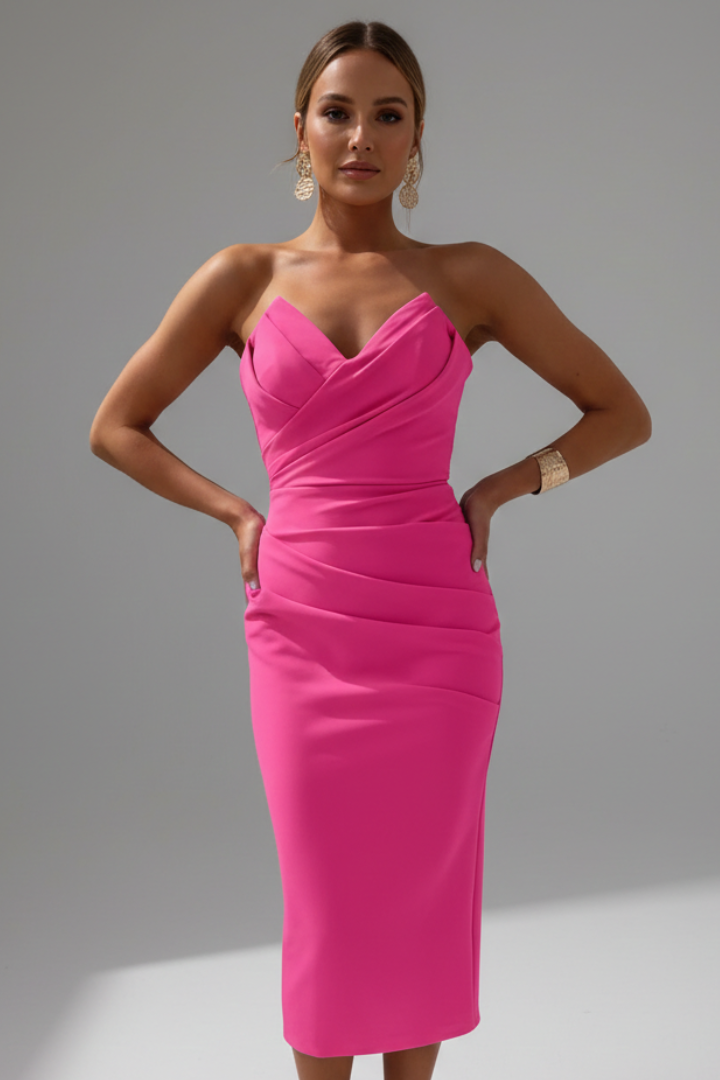 Women's Strapless Midi Dress With Ruched Skirt
