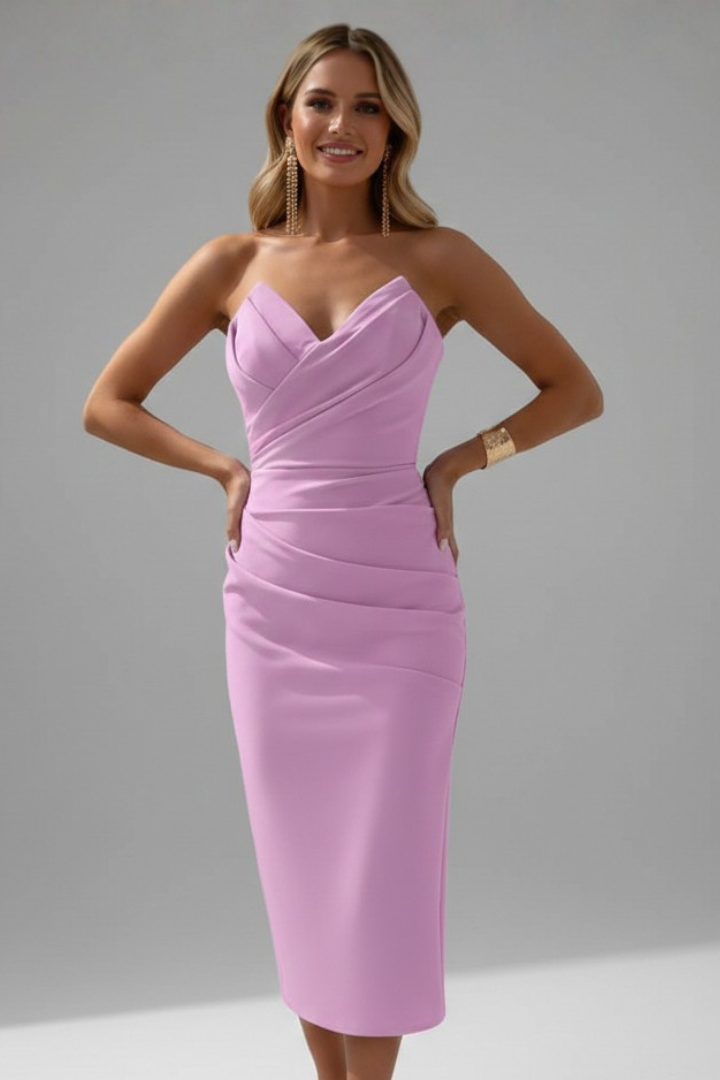 Women's Strapless Midi Dress With Ruched Skirt