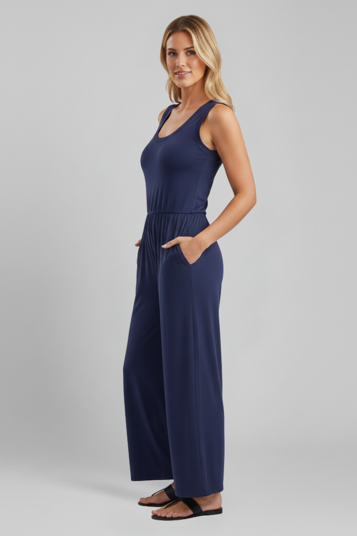 Emma Women's Round-Neck Elastic-Waist Wide-Leg Jumpsuit