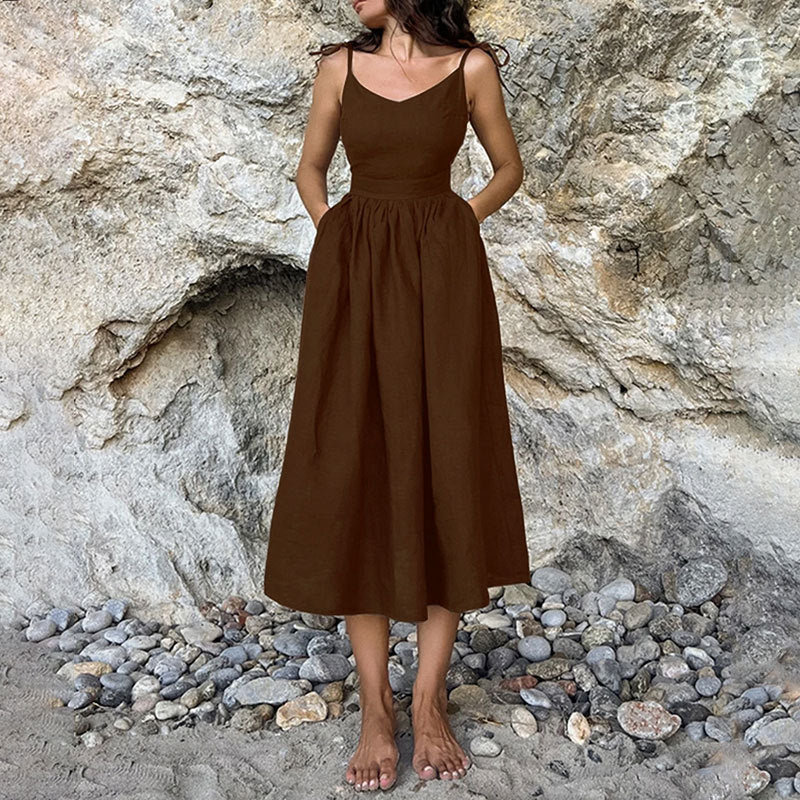 Women's V-Neck Midi Dress With Open Back And Side Slit
