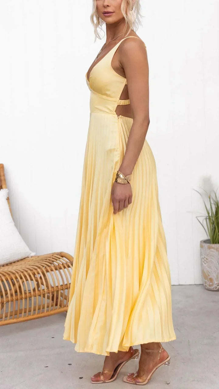 Women's V-Neck Pleated Maxi Dress