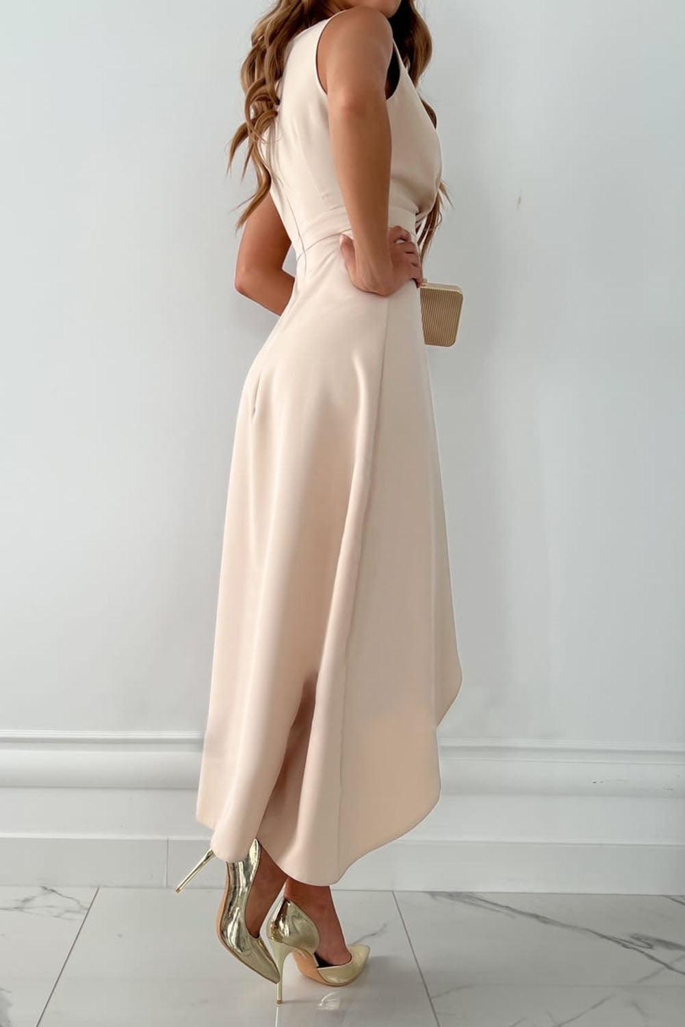 Women’s Sleeveless Wrap Maxi Dress with V-Neck and Asymmetrical Hem