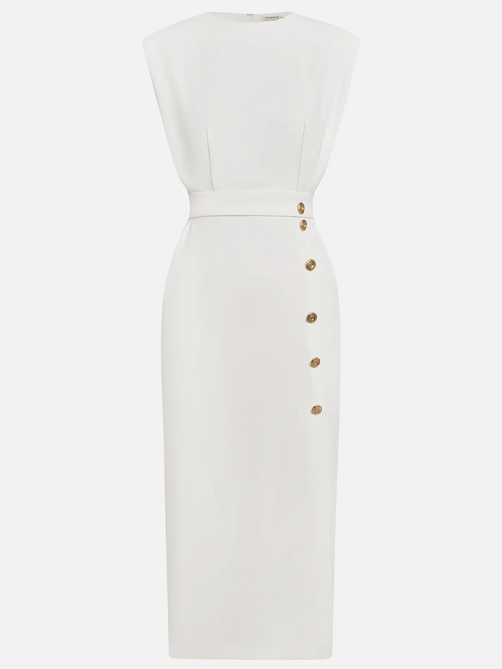 Women’s Sleeveless Midi Dress – Button Detail & Fitted Waist