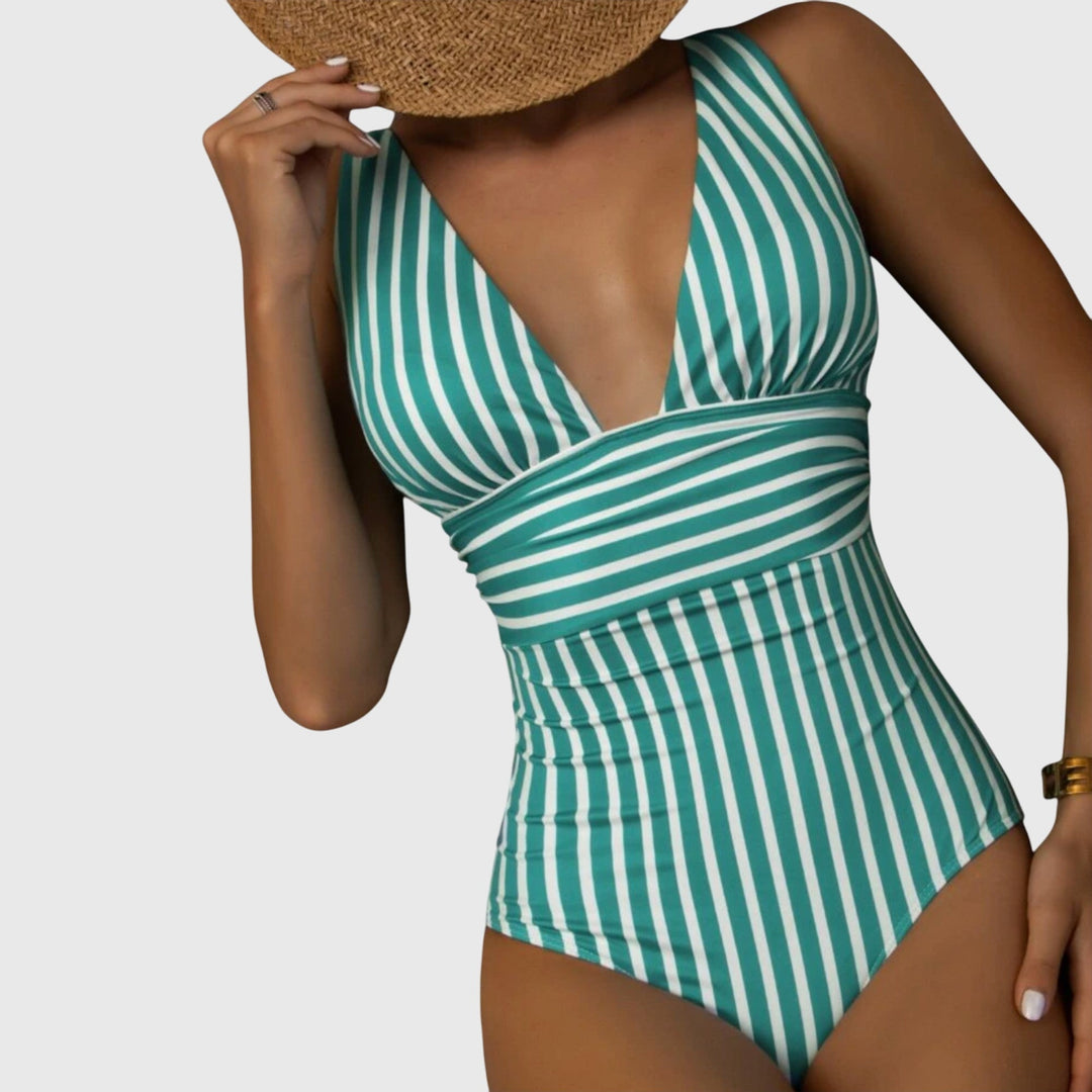 Women's Striped V-Neck One-Piece Swimsuit